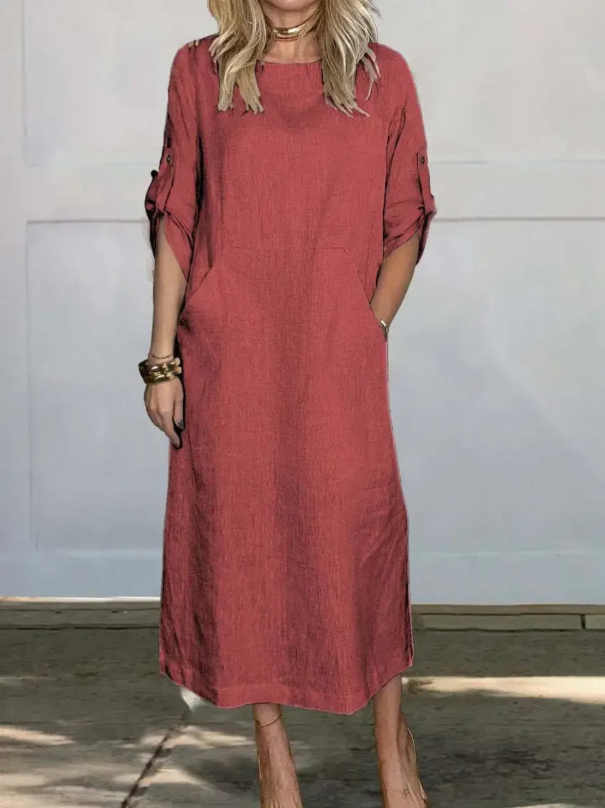 Loose fit draped dress, back view