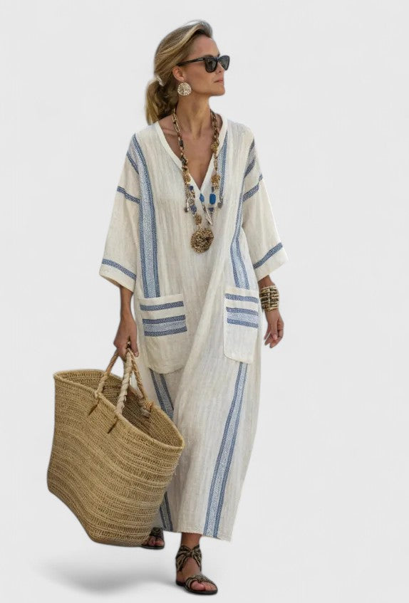 Women's oversized kaftan summer maxi dress with patch pockets, three-quarter view
