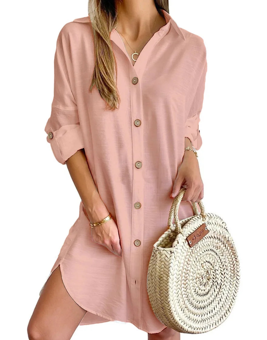 Button-up shirt midi dress in pink, styled outdoors