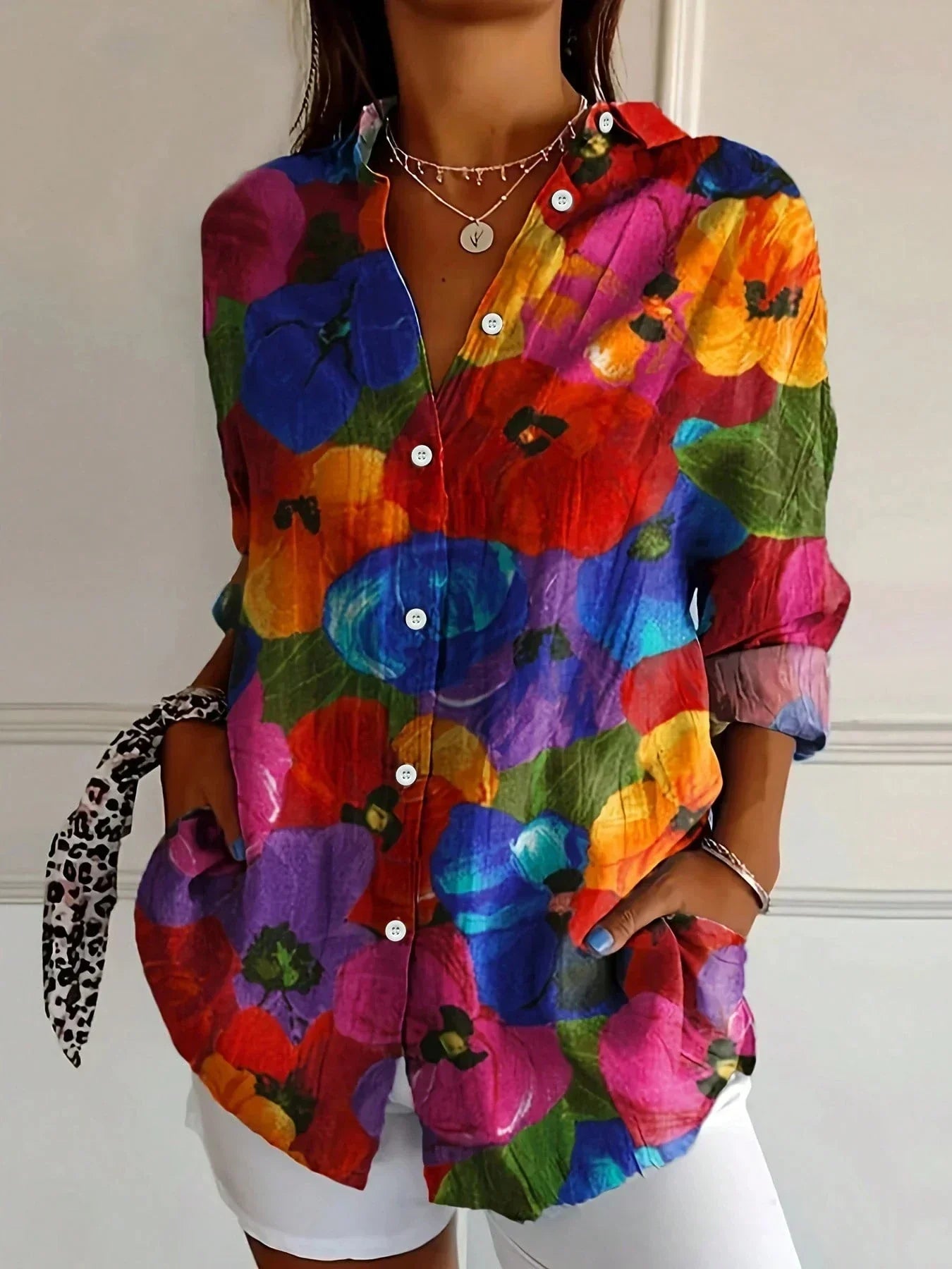 Abstract print relaxed blouse, print detail close-up