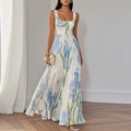 Floral square neck pleated wedding guest maxi dress in white and blue, elegant front view