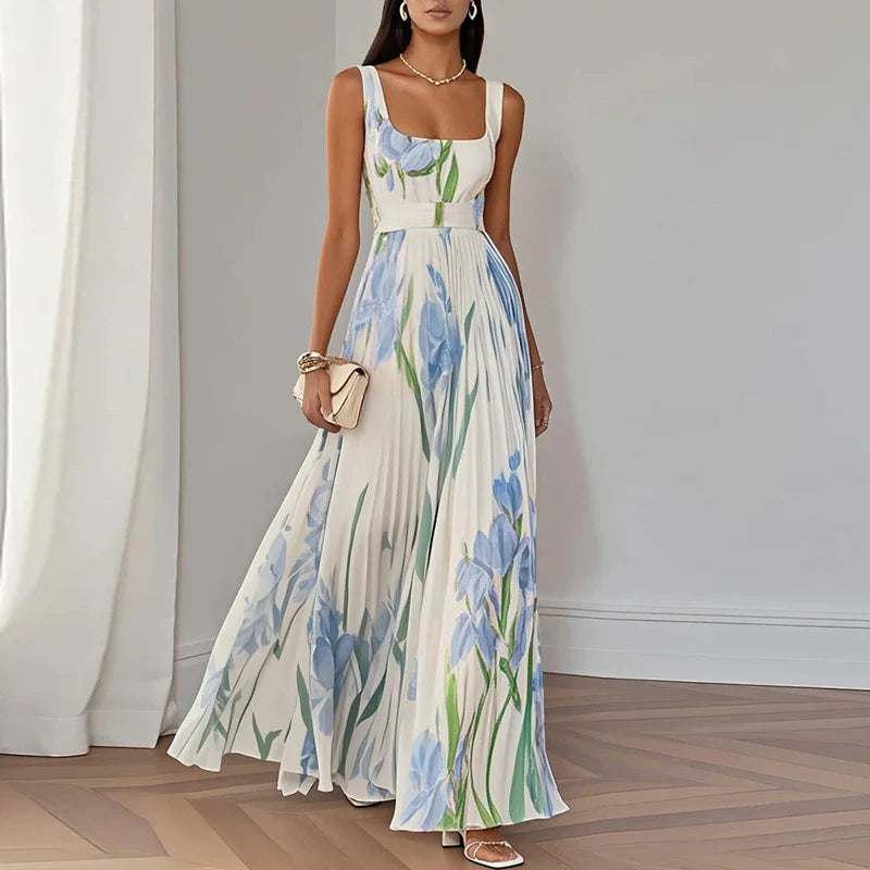 Women's floral square neck pleated maxi dress in white and blue, elegant wedding guest style, front view