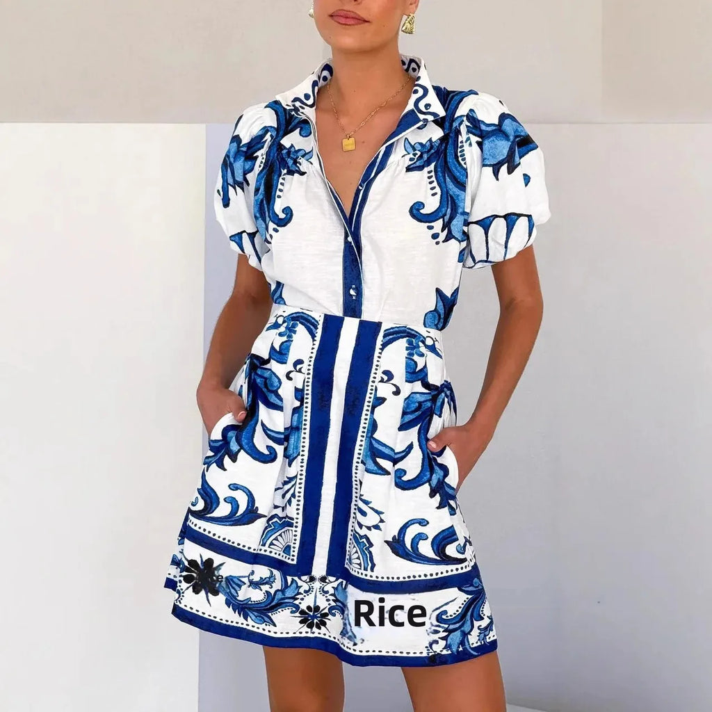 Floral puff sleeve mini sundress in blue, summer fashion | Alba Muse