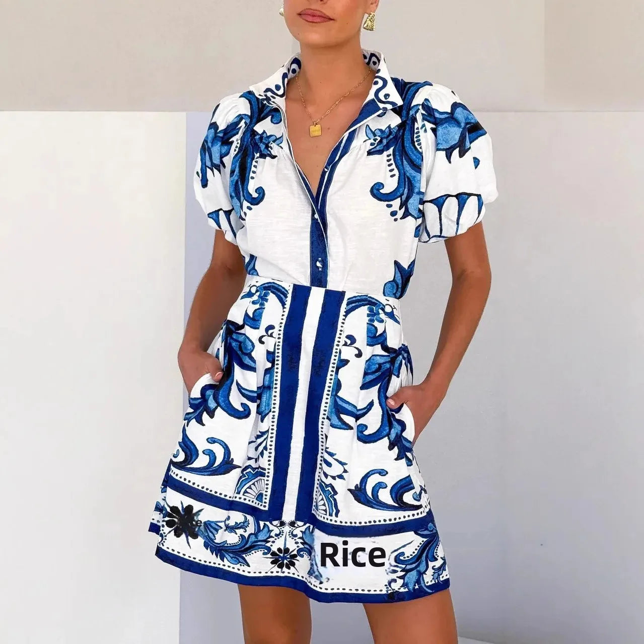 Floral puff sleeve mini sundress in blue, summer fashion | Alba Muse