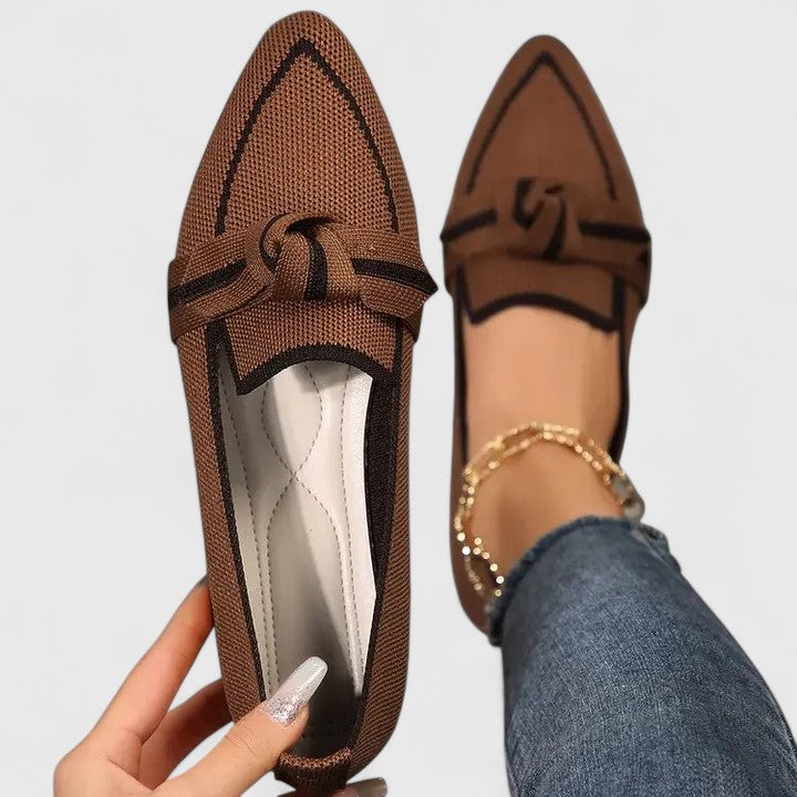 Women's knot loafers in brown – pointed toe slip-on flat shoes detail view