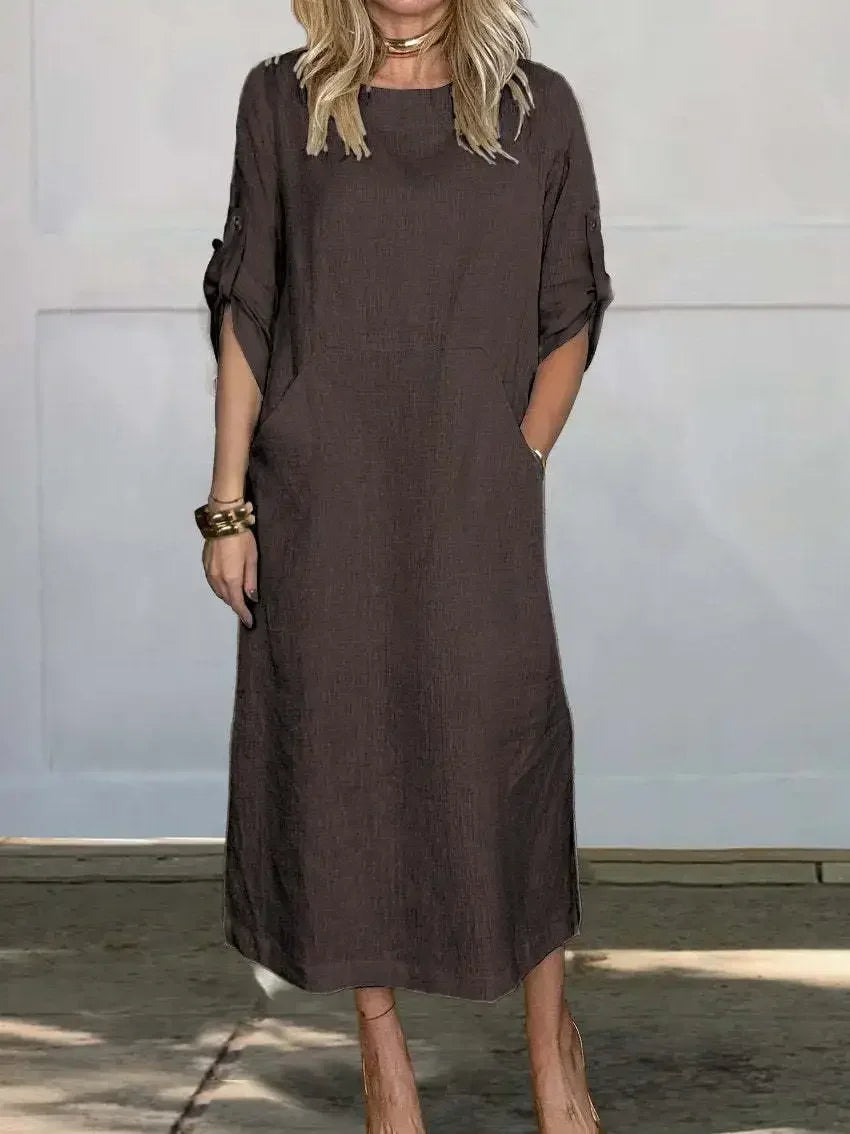 Women's draped A-line maxi dress, full length view