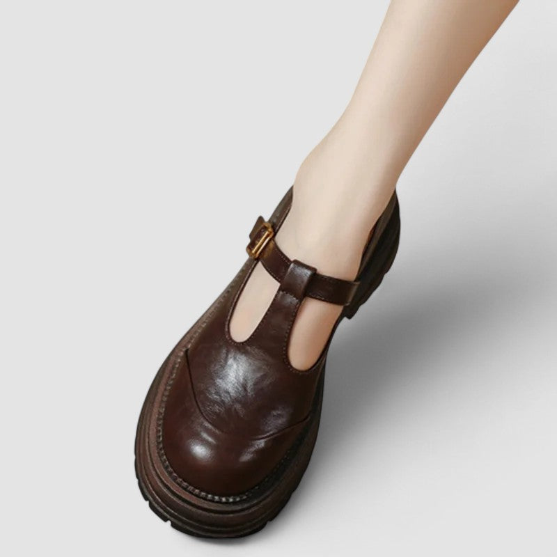 Orthopaedic T strap buckle Mary Jane flats with thick stitching