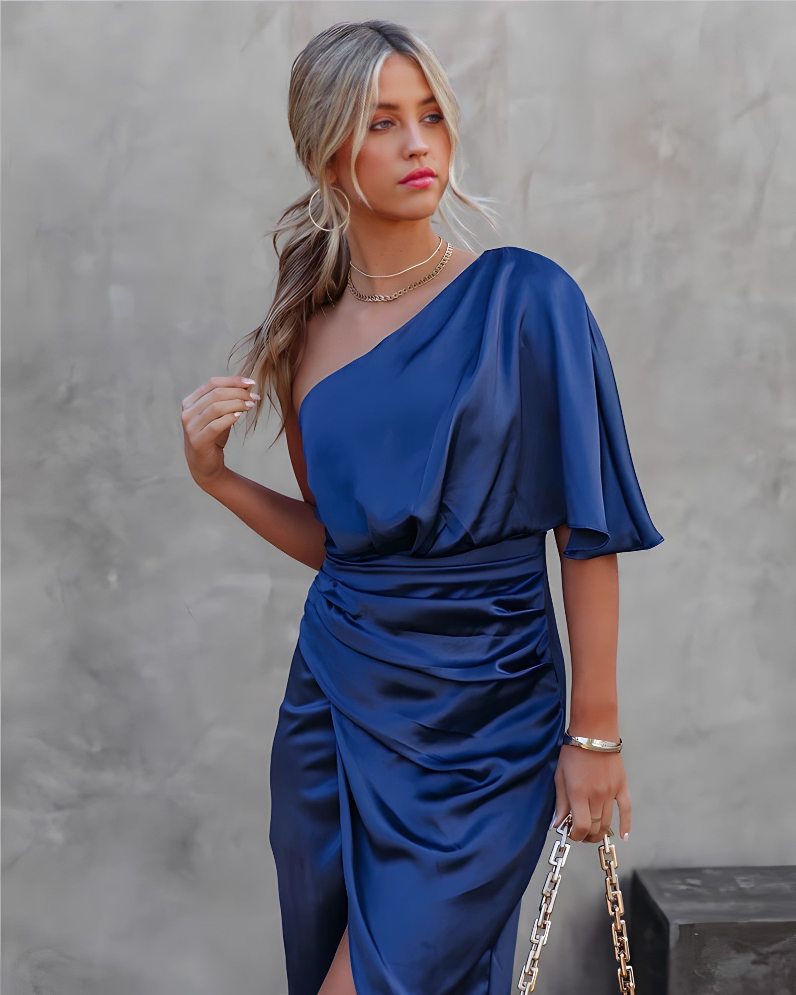 Women's one shoulder wrap satin midi dress wedding guest style
