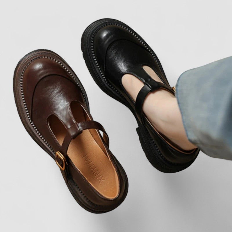 Orthopaedic T strap buckle Mary Jane flats with a t strap with side buckle