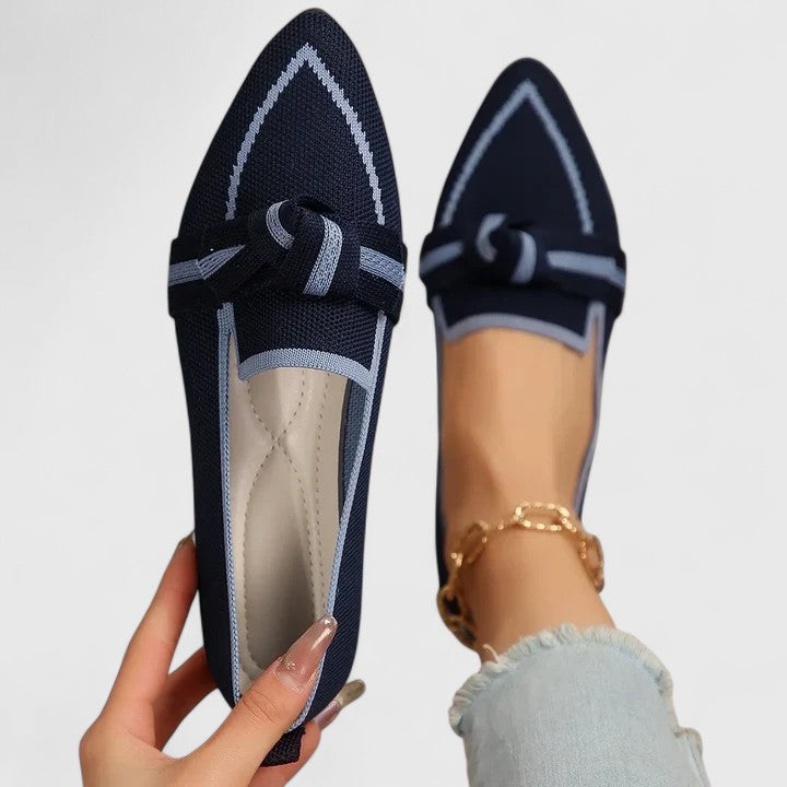 Women's pointed toe knot loafers in navy – cushioned footbed slip-on flats