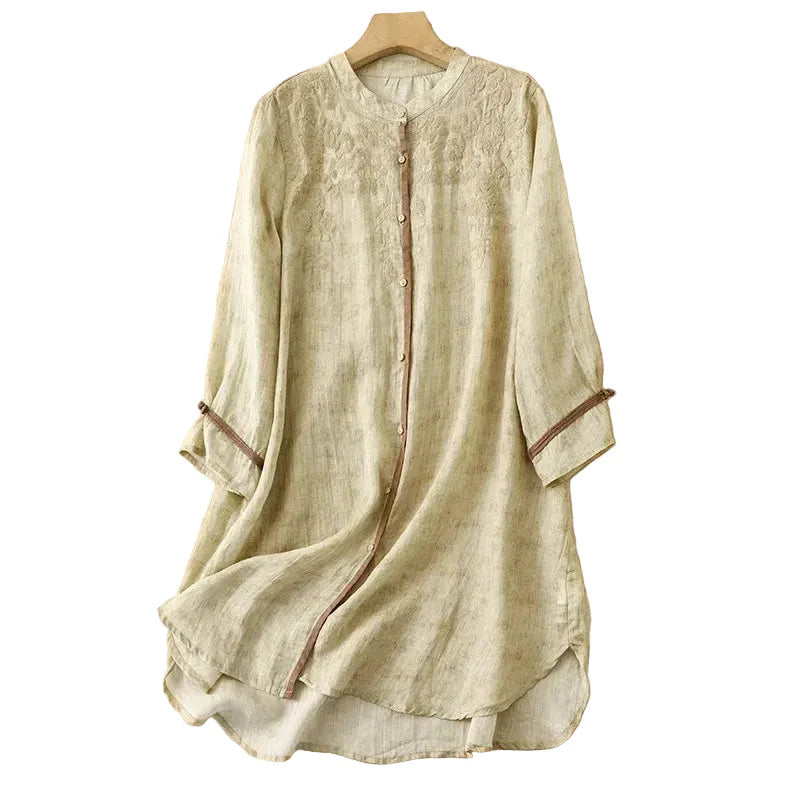 Linen front-button tunic dress in yellow, full length view