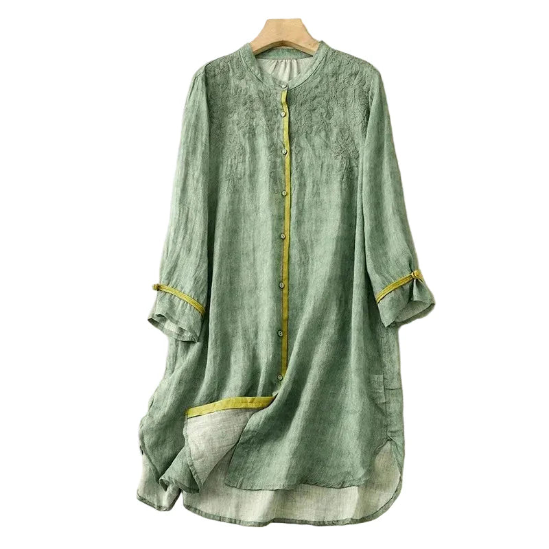 Linen front-button tunic dress in green, front view