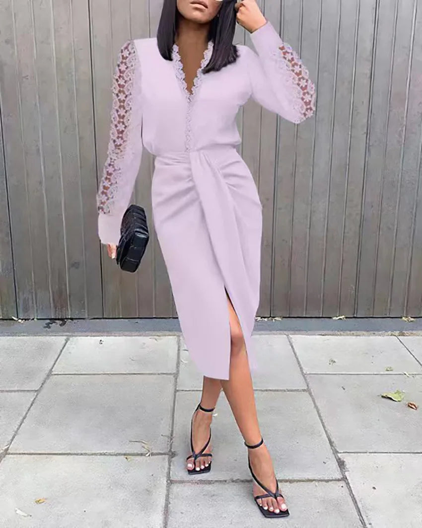 Lace trim long sleeve side slit midi dress | Alba Muse