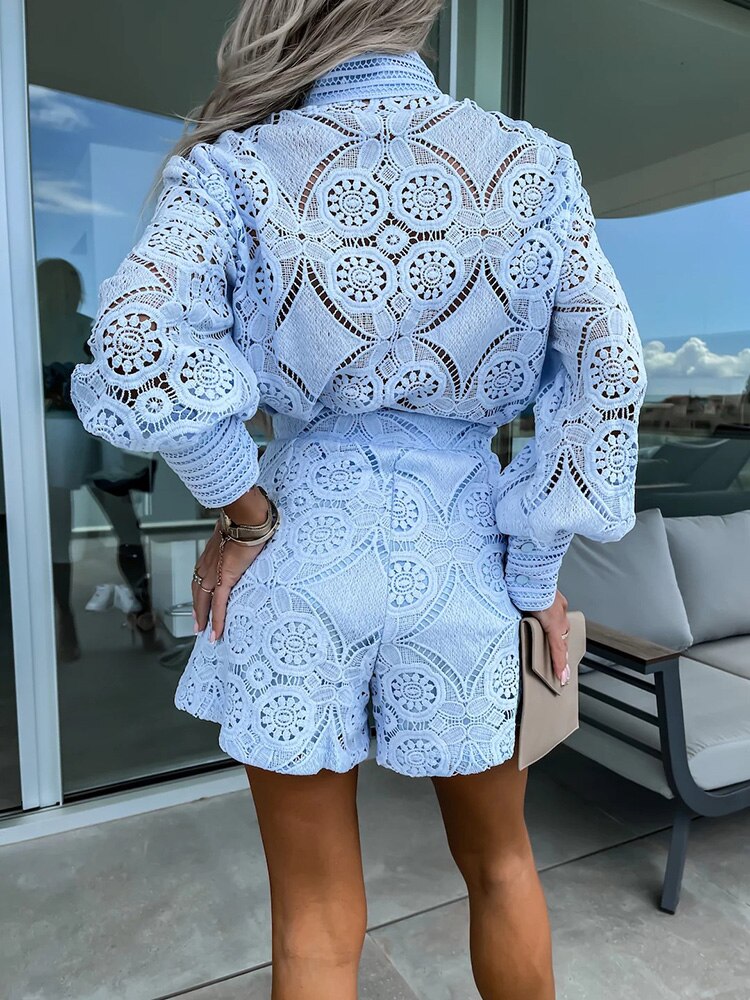 Lace Blouse and High-Waist Shorts Co-ord Set