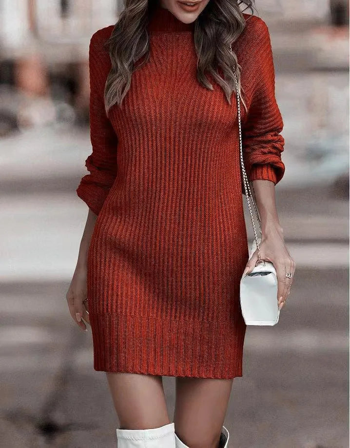 High neck long sleeve knitted jumper dress with a knee length fit