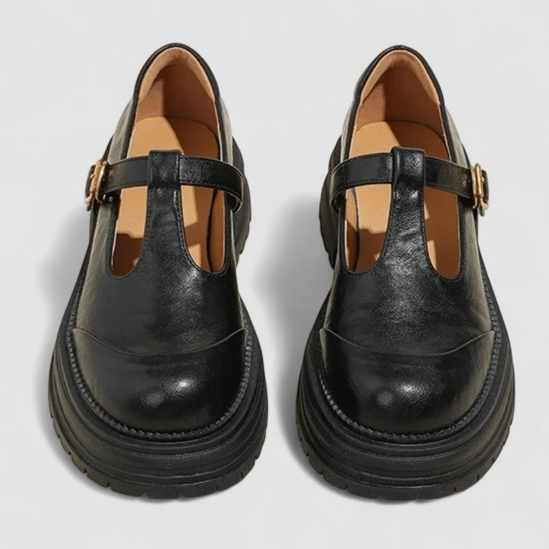 Orthopaedic T strap buckle Mary Jane flats with an ergonomic sole design in Black