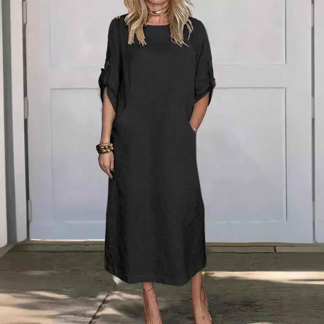 Loose fit draped maxi dress, front view