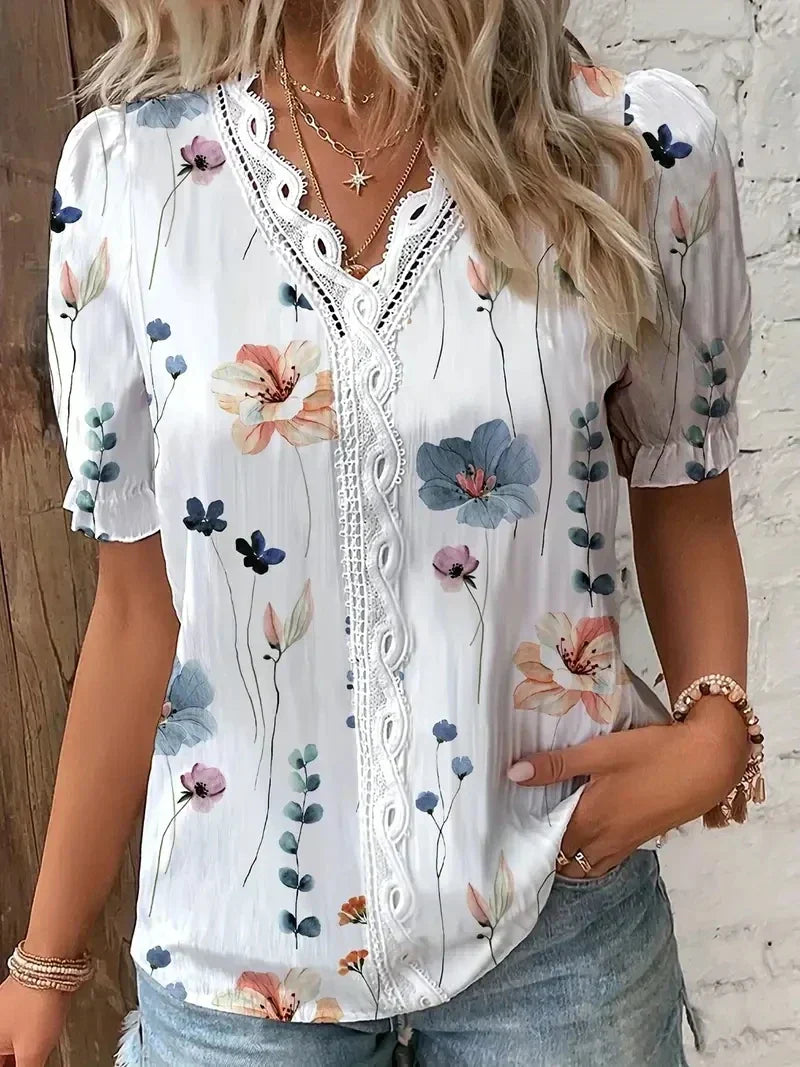 Women's lace V-neck blouse in light blue, full length view