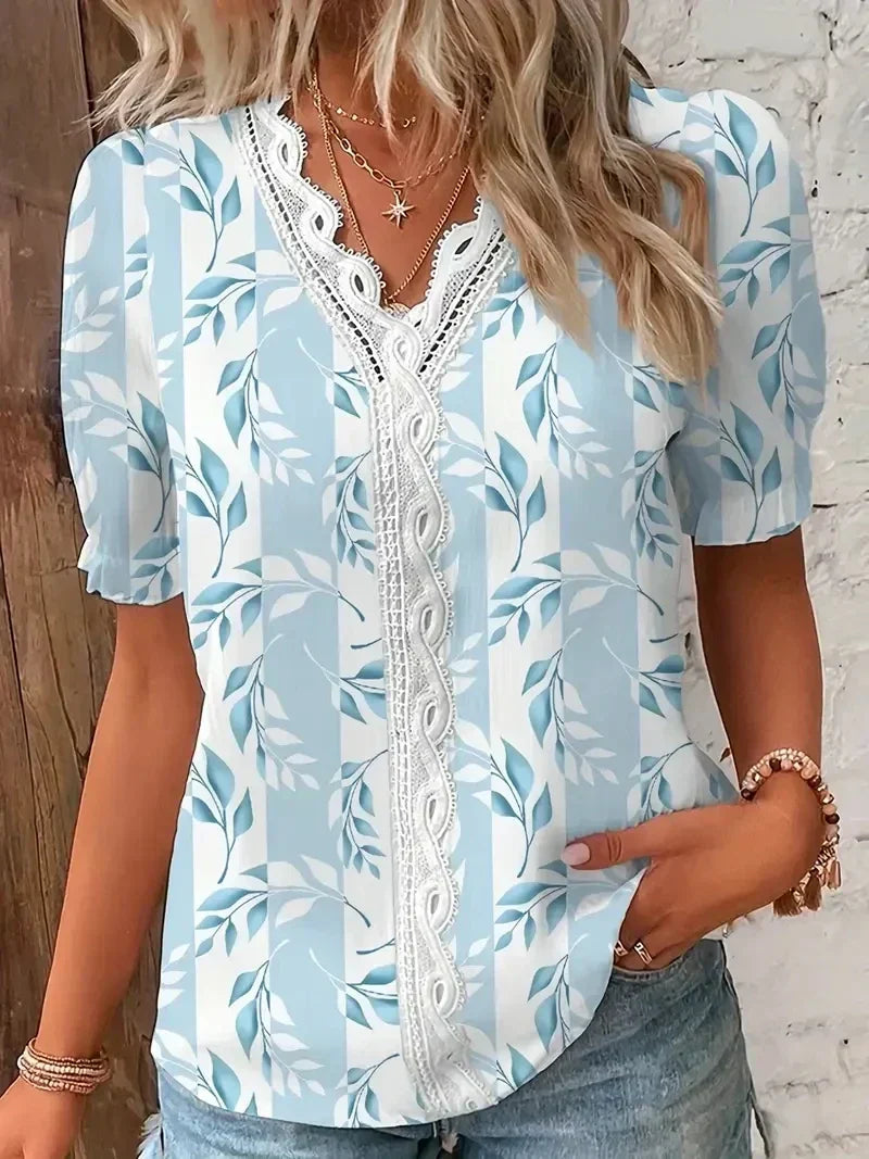 Women's lace V-neck printed blouse in light blue, front view