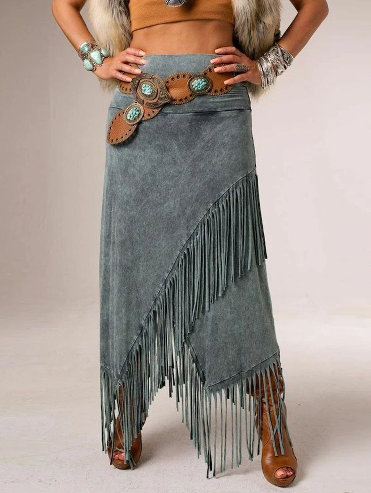 Fringe Detail High-Waist Maxi Skirt Grey | Alba Muse