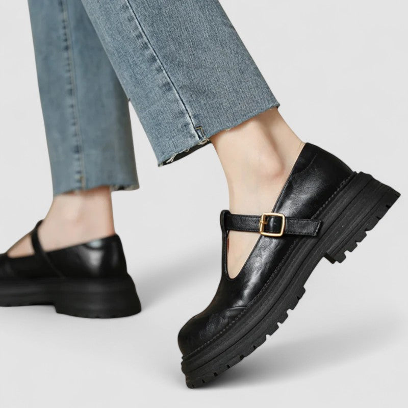 Orthopaedic T strap buckle Mary Jane flats with a cushioned insole