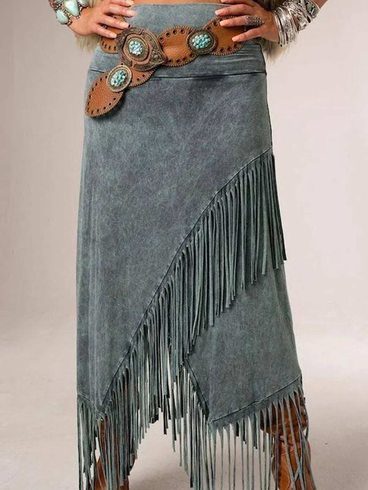 Grey Boho Fringe Maxi Skirt Women | Alba Muse