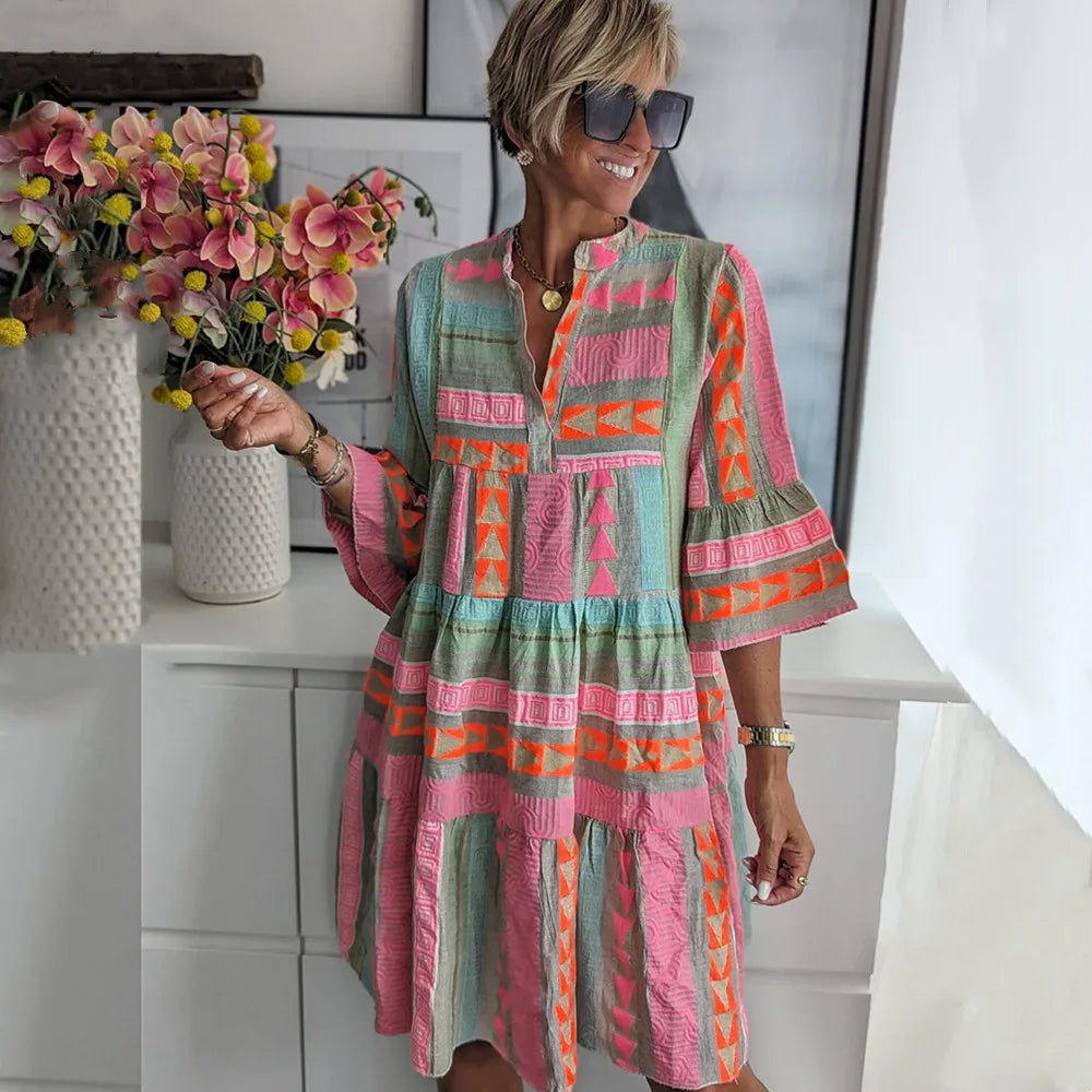 Boho tiered swing midi dress in pink, front view