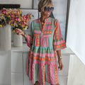 Boho tiered swing midi dress in pink, front view