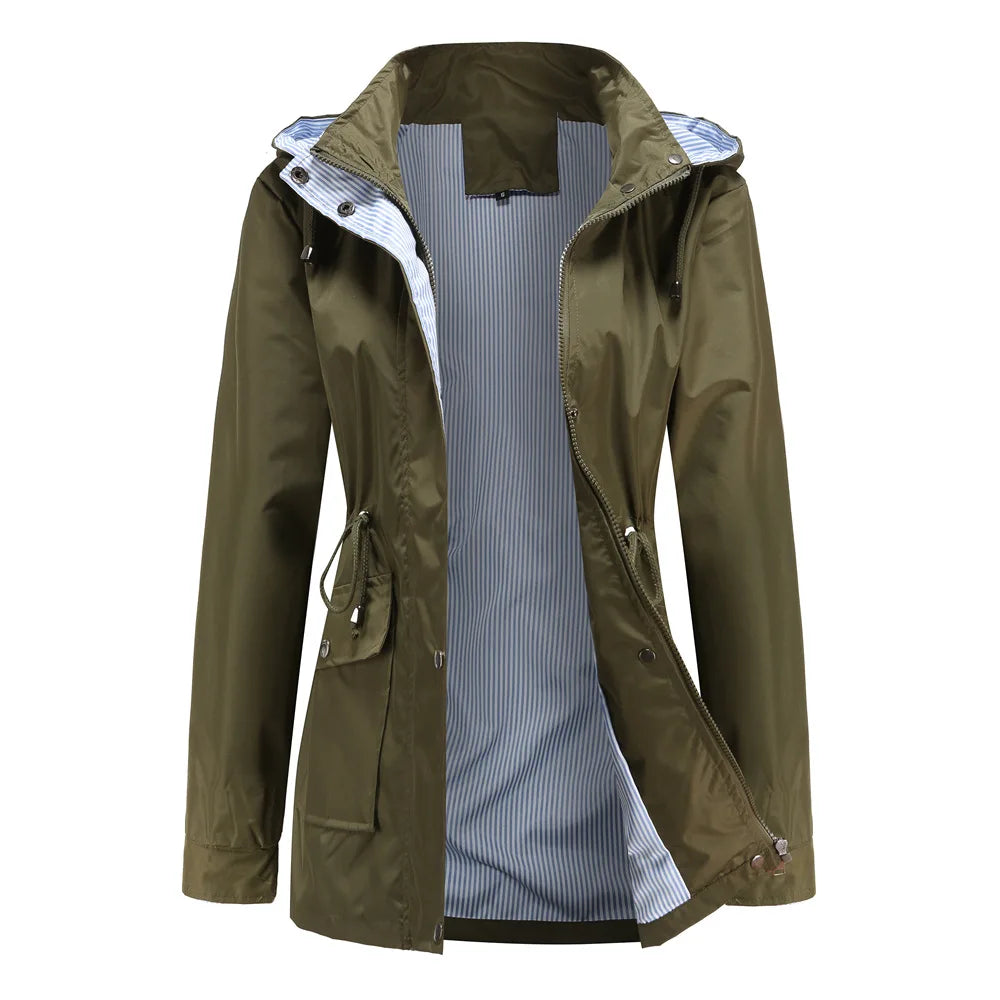 Water resistant detachable hood trench coat with an adjustable drawstring waist