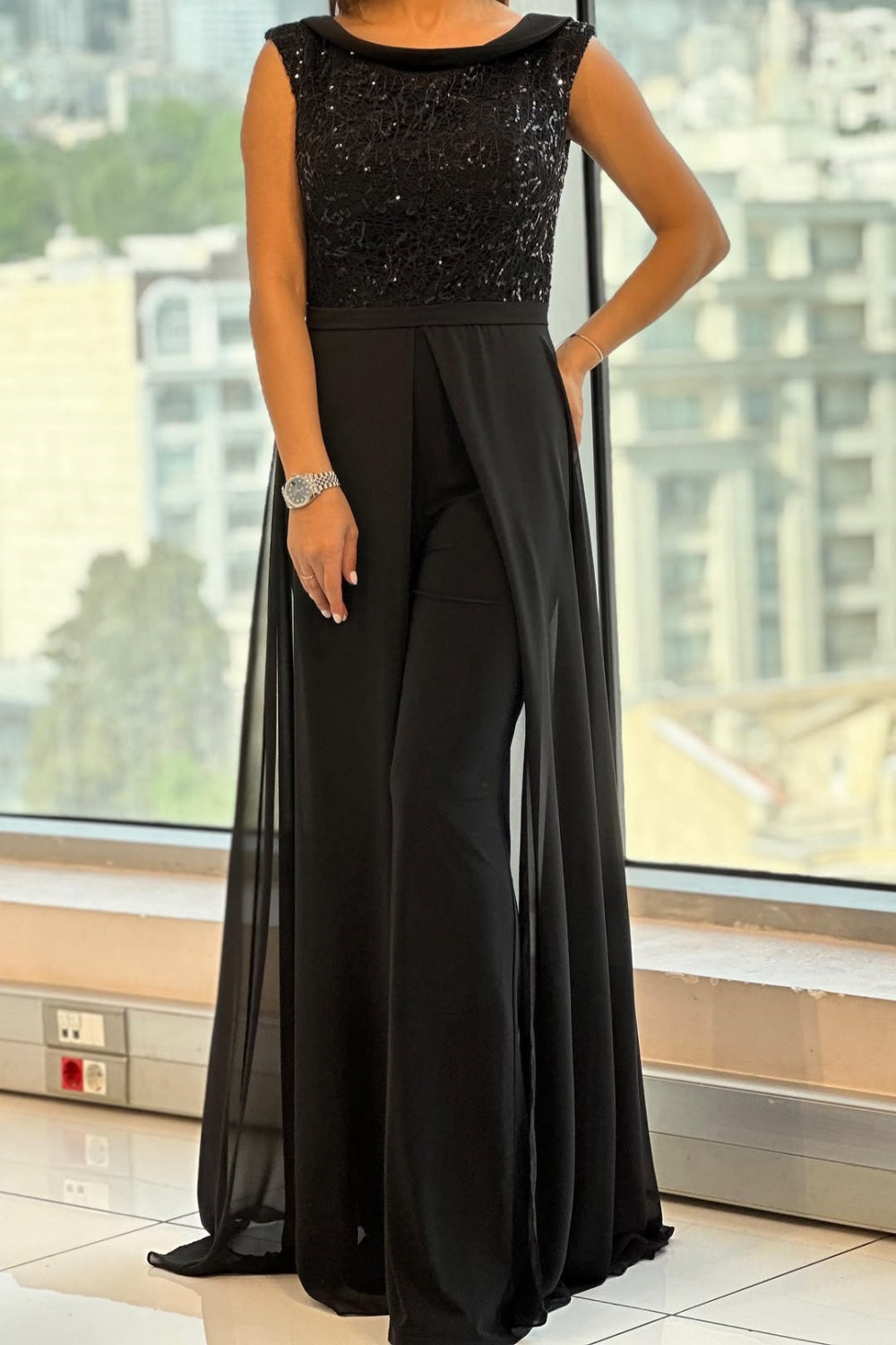 Skirt Overlay Wide-Leg Jumpsuit Black | Alba Muse
