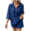 Women's linen summer co-ord set in blue, front view