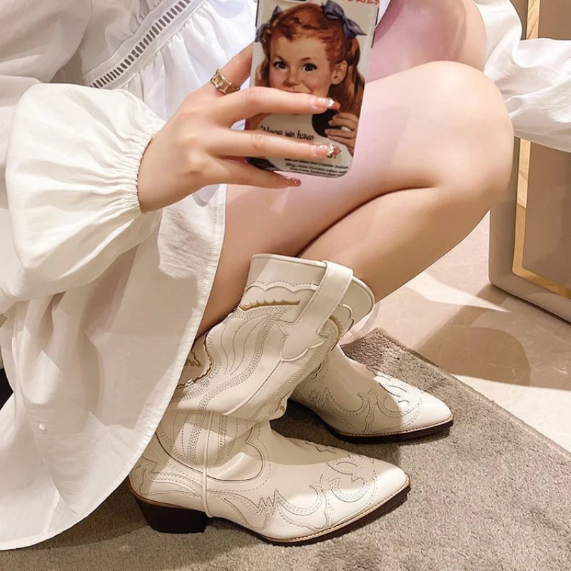 Women's Beige Autumn Western Cowboy Boots