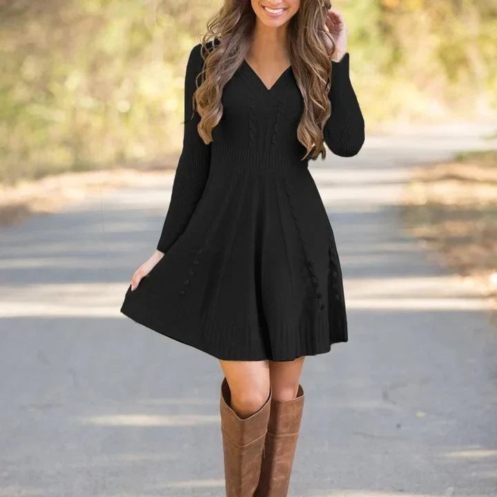 V neck ribbed waist knitted jumper dress with a v neckline