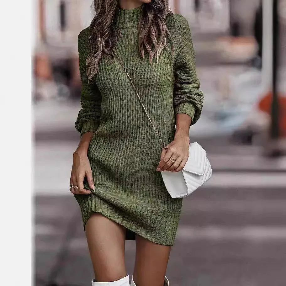High neck long sleeve knitted jumper dress with a high neckline