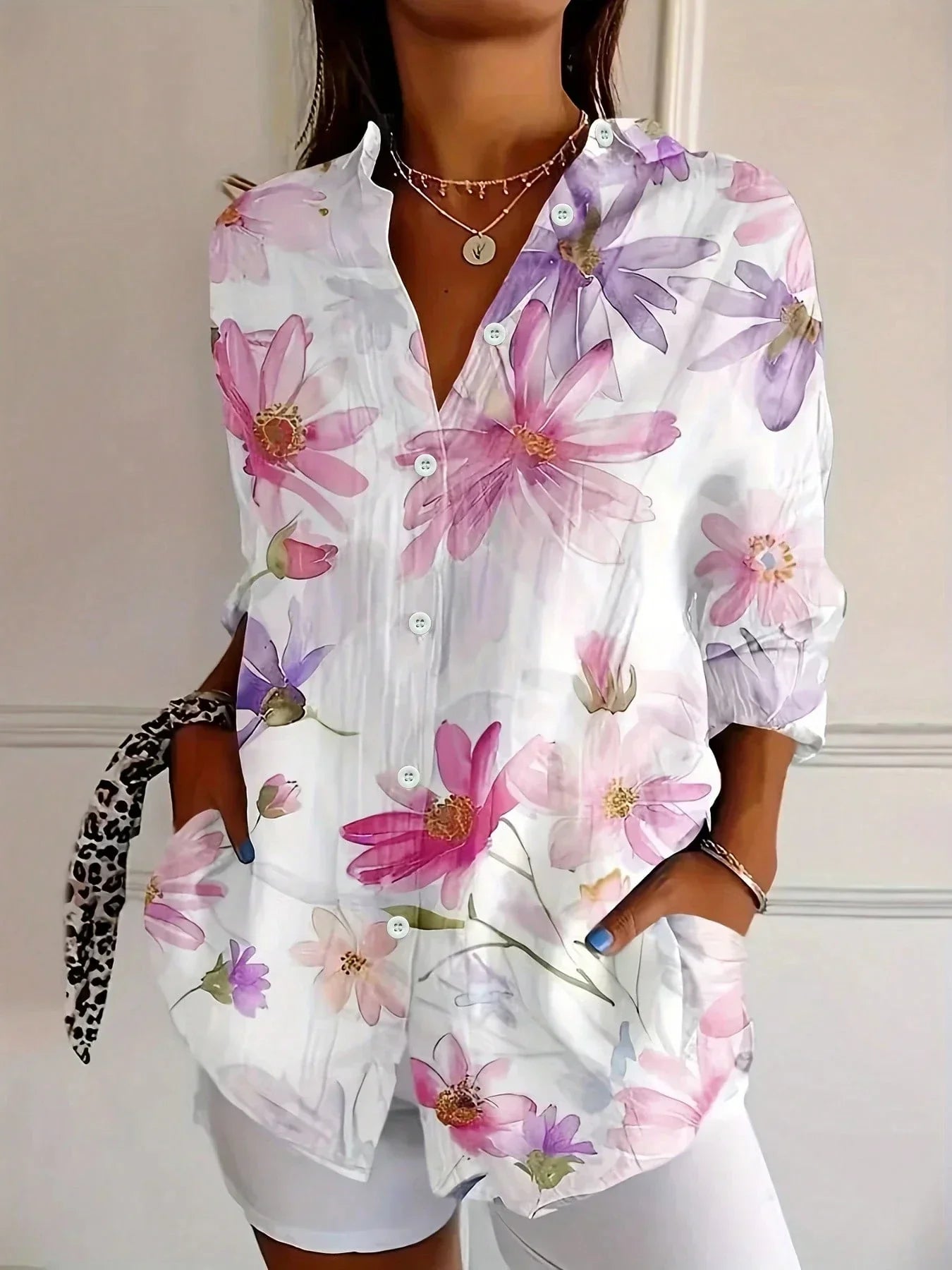 Abstract print relaxed blouse in white, front view