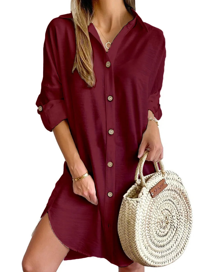 Button-up shirt midi dress in wine red, front view