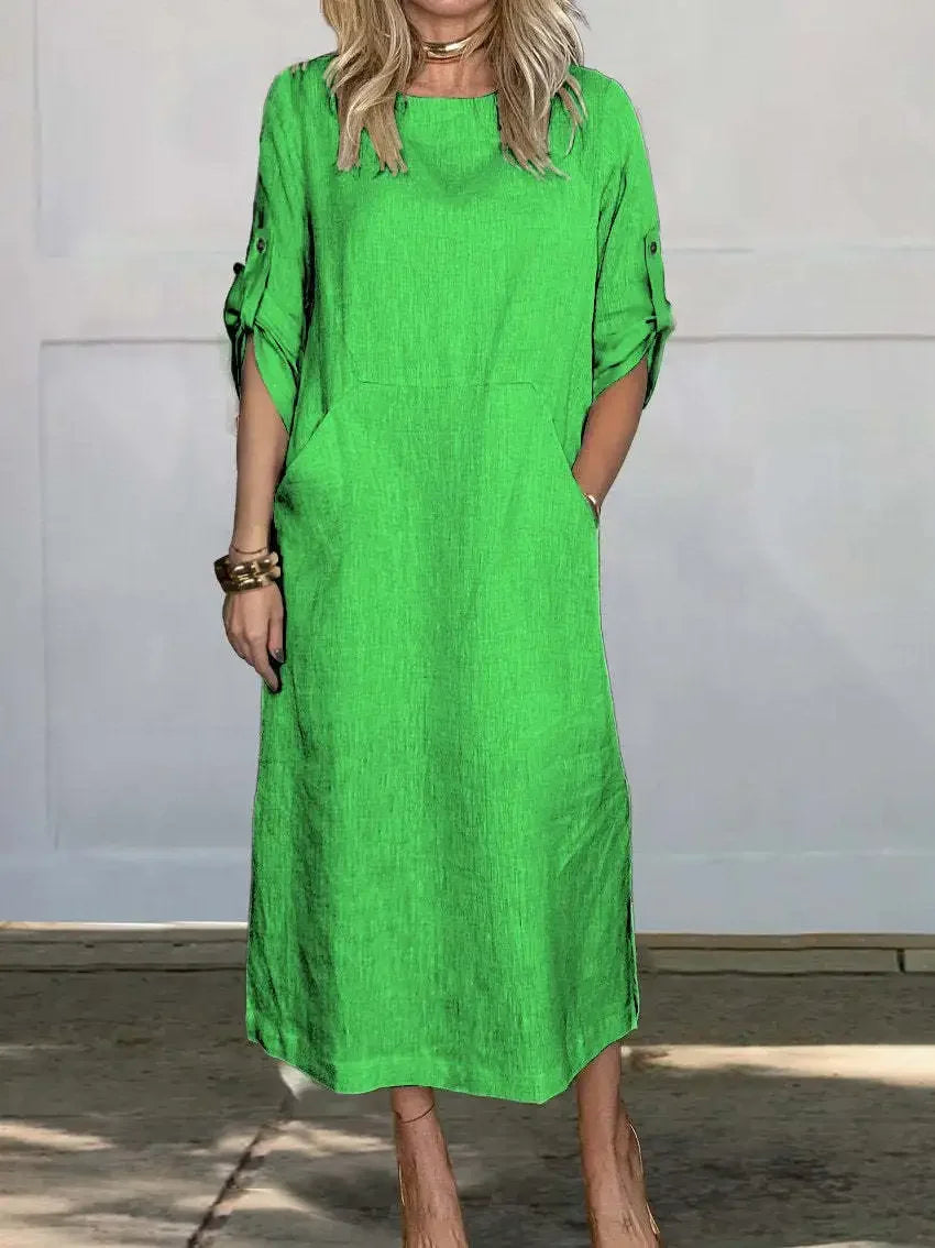 Women's A-line draped dress, styling view