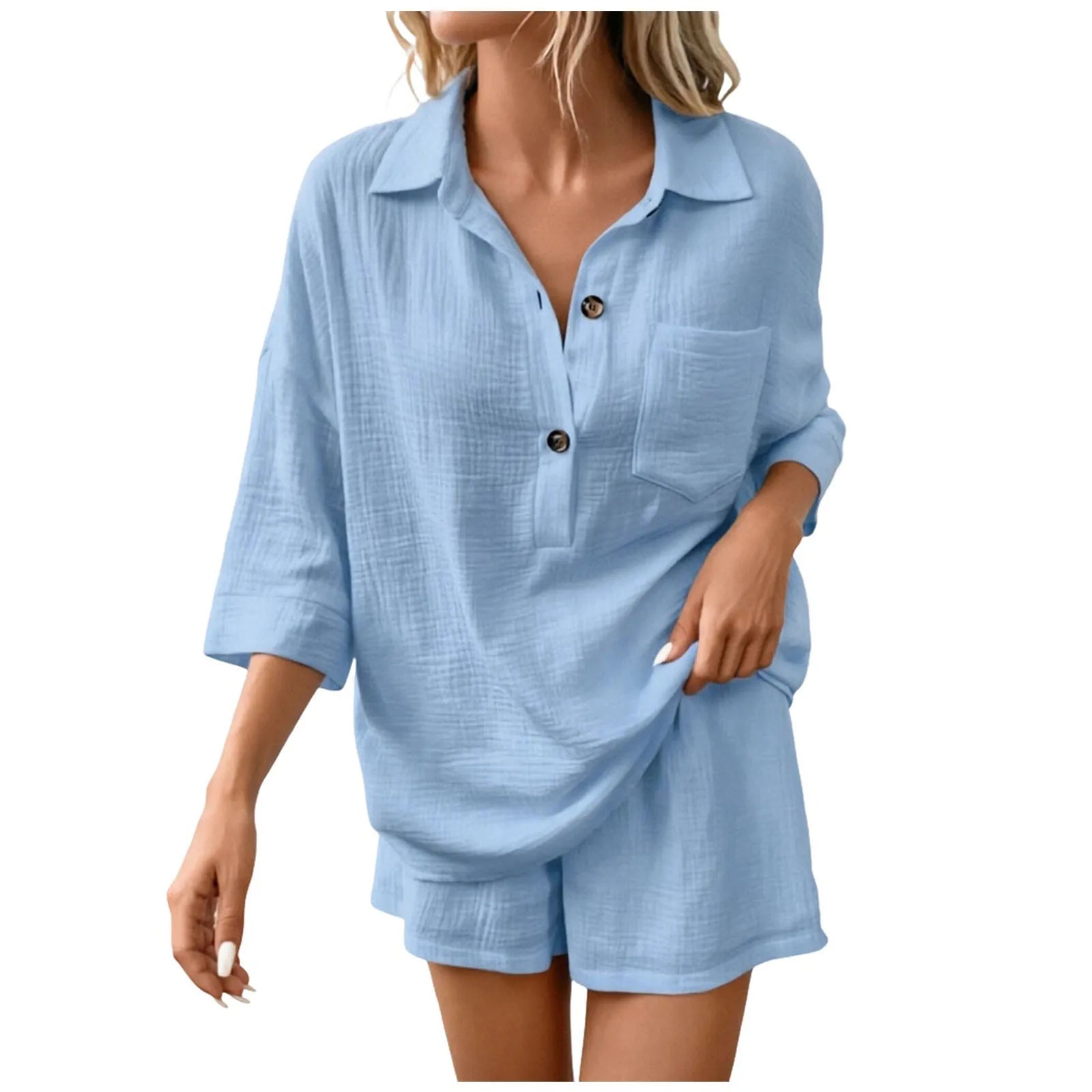 Women's linen co-ord set in light blue, full length view