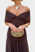 Women's off shoulder twist knot chiffon maxi dress in brown – front view