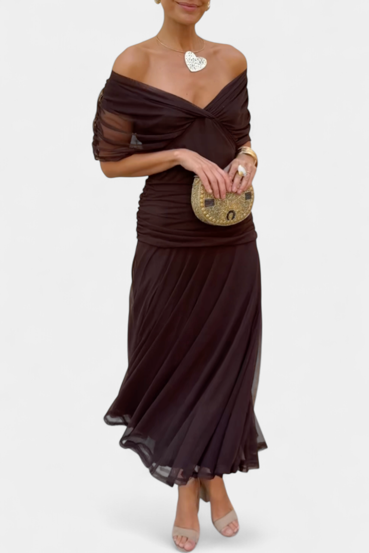 Brown off shoulder chiffon maxi dress – twist knot V-neckline detail