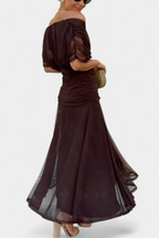 Women's off shoulder maxi dress in brown – ruched waist flowing skirt