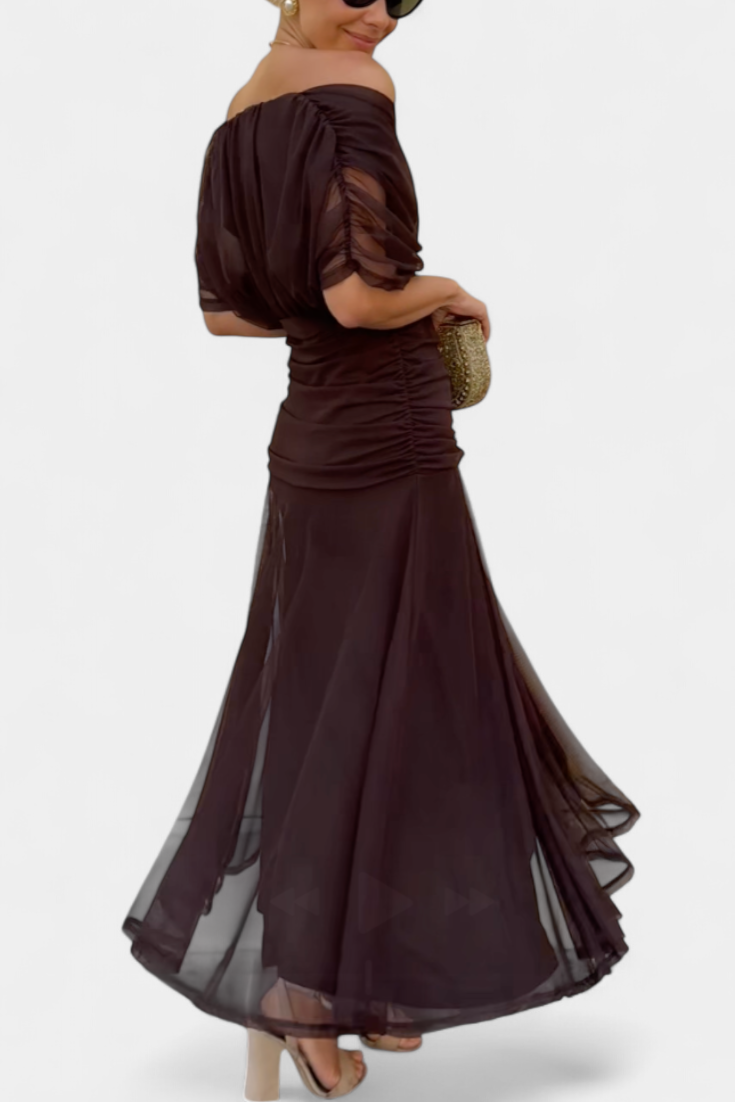 Women's off shoulder maxi dress in brown – ruched waist flowing skirt