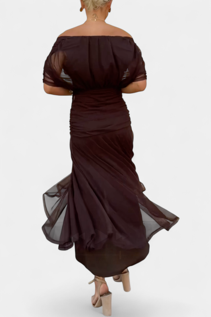 Off shoulder twist knot maxi dress in brown – women's back view