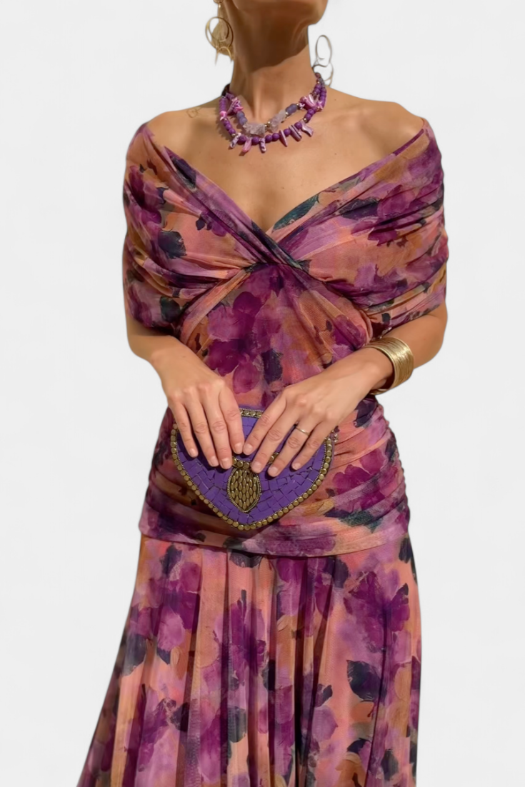 Women's off shoulder chiffon maxi dress in purple floral – twist knot detail