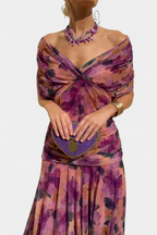 Women's off shoulder chiffon maxi dress in purple floral – twist knot detail