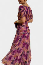 Purple floral off shoulder maxi dress – women's chiffon wedding guest style
