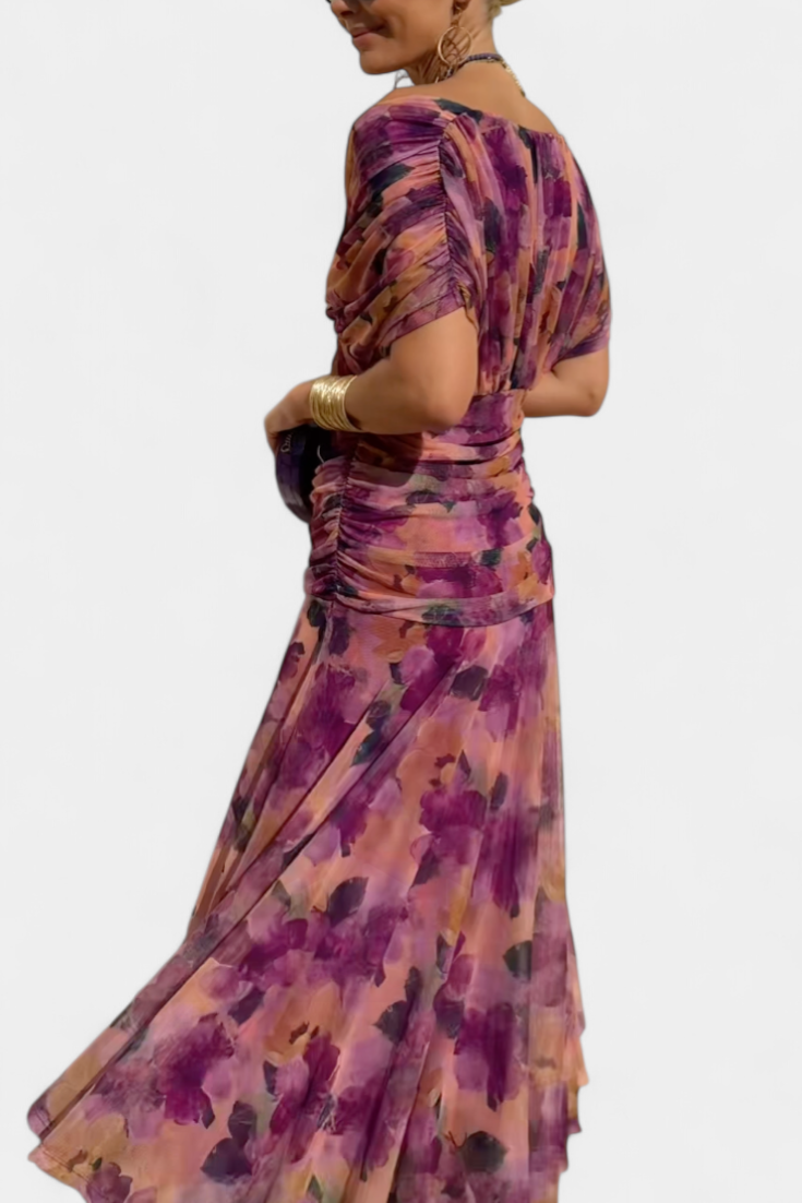 Purple floral off shoulder maxi dress – women's chiffon wedding guest style