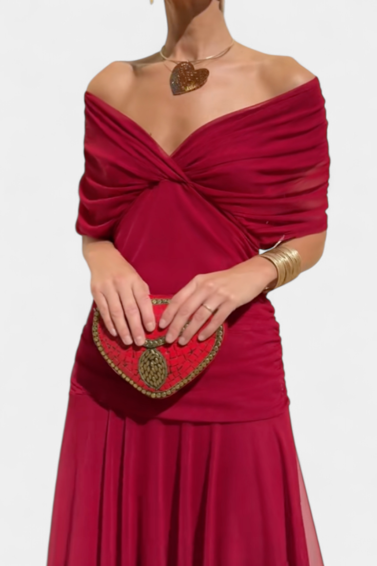 Women's off shoulder chiffon maxi dress in red – twist knot flowing skirt