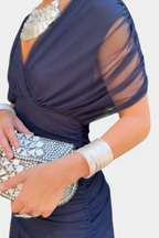 Women's off shoulder twist knot maxi dress in navy – chiffon occasion dress