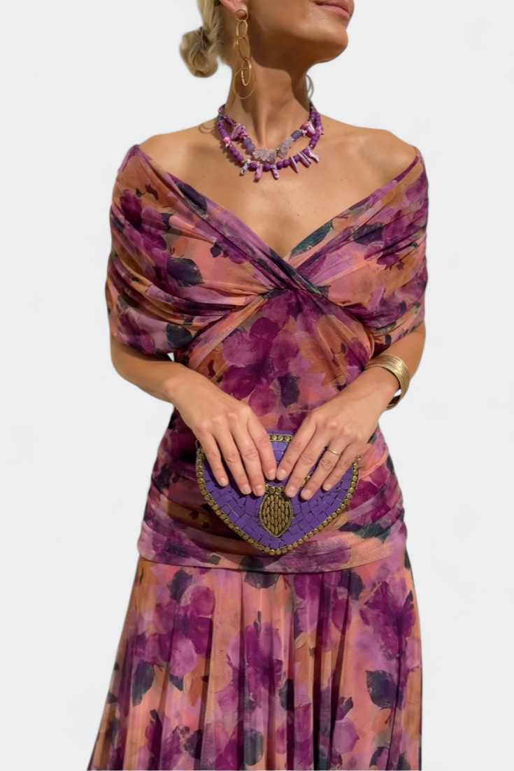 Purple floral off shoulder maxi dress – women's chiffon wedding guest style